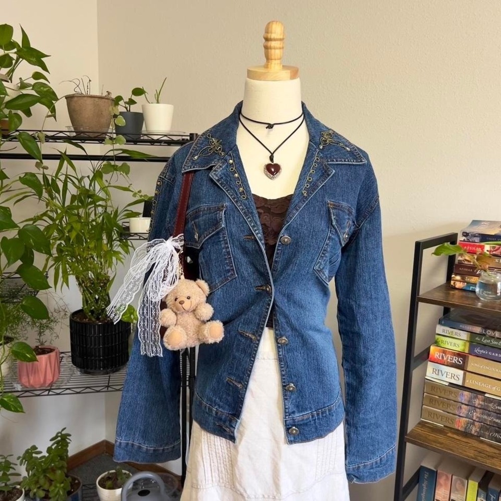 Vintage Y2K Adolfo Jeans Fairy Beaded‎ Embroidered Denim Jacket Womens Large